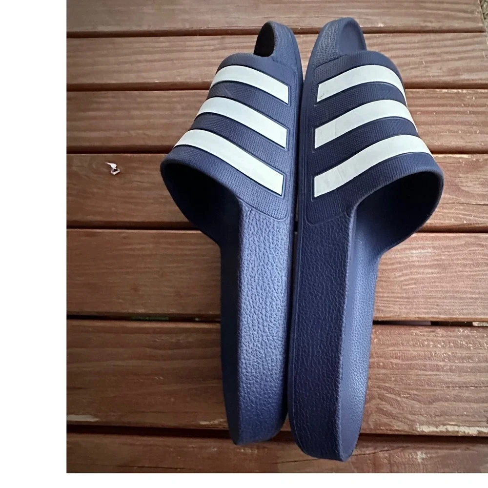 Adidas Adilette Slide Sandals Navy Blue White Three Stripe Mens Slides 11